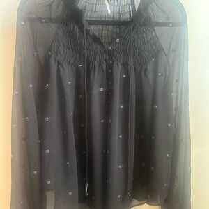 Free People Black Sheer Blouse with Embellishments